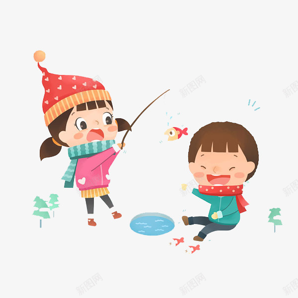 两个女孩在玩耍钓鱼png免抠素材_新图网 https://ixintu.com 冬天 创意 卡通 可爱 女孩 寒冷 开心 手绘 钓鱼