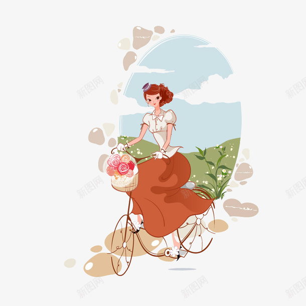 骑单车的美丽女郎png免抠素材_新图网 https://ixintu.com 云朵 夏季 女子 美女 自行车 花丛 花卉 郊外