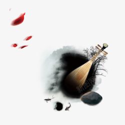 榛勮壊鐨勭伀鑻水墨画中的琵琶高清图片