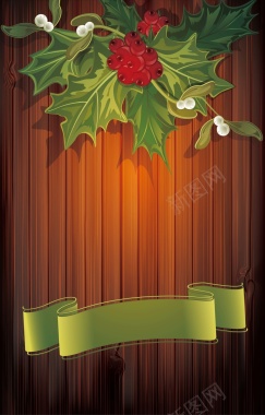木板上的绿叶和红果背景矢量图背景