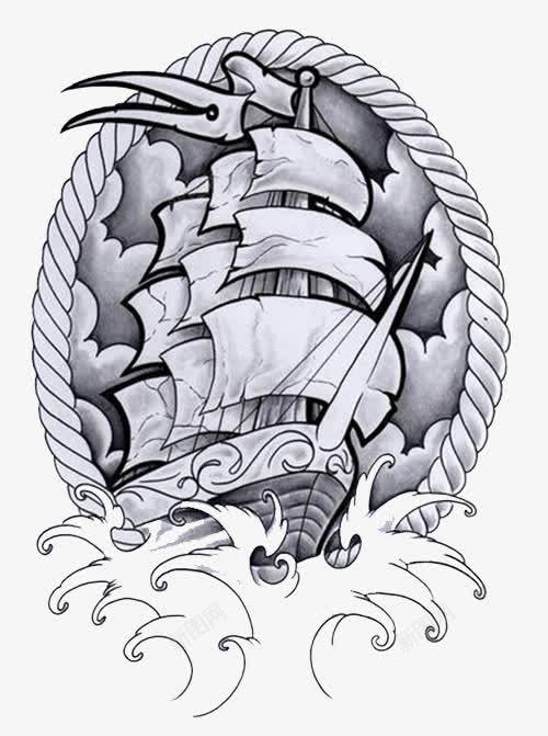 黑白船起帆装饰画png免抠素材_新图网 https://ixintu.com 创意 纹身 臂贴 装饰 黑白