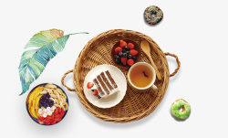 黑色篮子卡通食物下午茶树叶装饰高清图片
