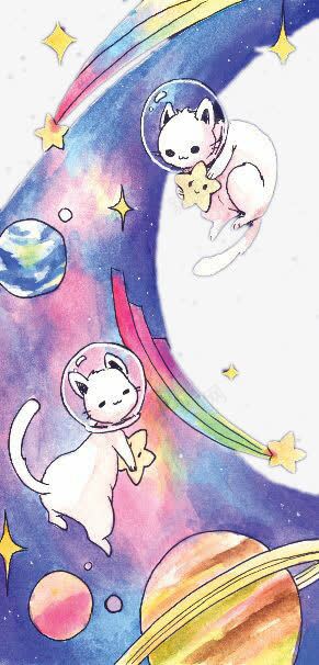 彩色插画太空中的猫psd免抠素材_新图网 https://ixintu.com 卡通手绘 太空 猫