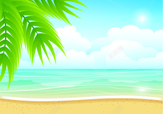 手绘海滩风景插画平面广告矢量图背景