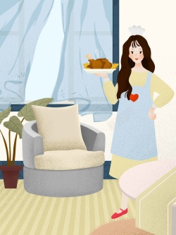 做美食的女孩温馨居家做美食原创插画高清图片