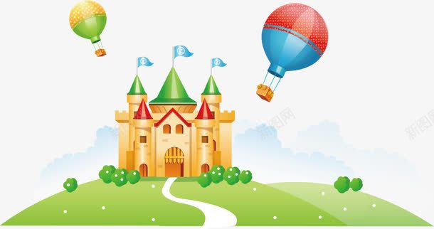 卡通城堡和热气球png免抠素材_新图网 https://ixintu.com 卡通插图 城堡 热气球 童话