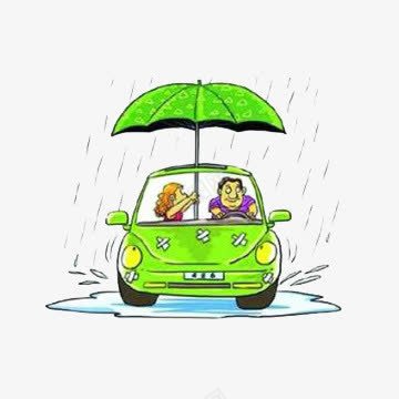 雨中开车打伞出行png免抠素材_新图网 https://ixintu.com 夫妇 开车出行 打伞 水洼 绿色 雨中