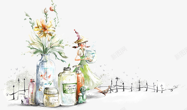 卡通手绘花瓶与女孩psd免抠素材_新图网 https://ixintu.com 人物 卡通人物 卡通女孩 女孩 手绘花瓶
