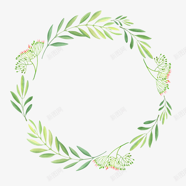 绿色圆形的花环装饰png免抠素材_新图网 https://ixintu.com 手绘植物 植物 绿植 绿色花环 花朵 花环