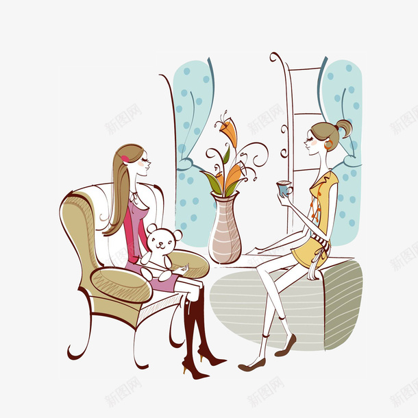 卡通看着窗外的闺蜜png免抠素材_新图网 https://ixintu.com 卡通女孩 卡通插画 坐在沙发上 拿着茶杯 看窗外 闺蜜朋友