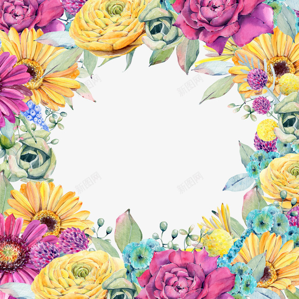 彩色水墨花朵边框png免抠素材_新图网 https://ixintu.com 卡通植物 彩色花朵 植物 花朵 花朵边框 边框装饰