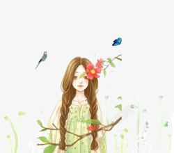站在绿色卡通手绘站在花丛里的女孩高清图片