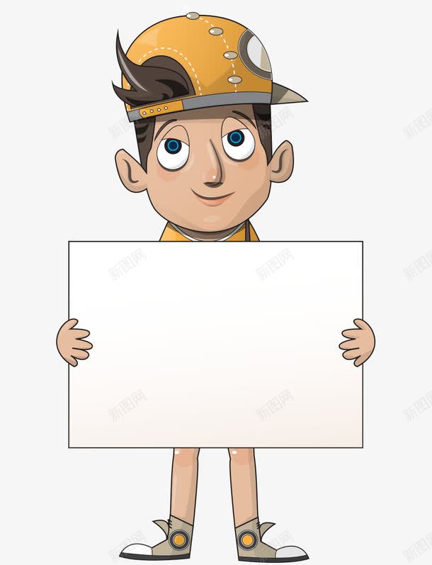 卡通手绘黄色帽子拿白板男孩png免抠素材_新图网 https://ixintu.com 卡通的人物 平面男孩 手绘的男孩 拿白板的男孩 黄色的帽子