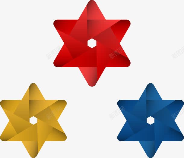 三色几何六角星png免抠素材_新图网 https://ixintu.com 六角星 几何体 矢量素材 红色 蓝色