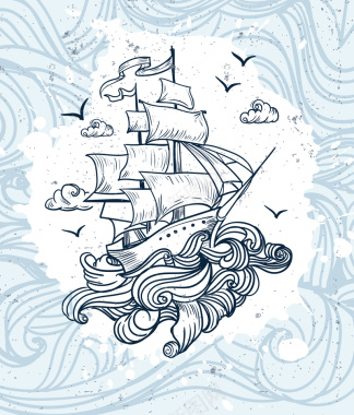 波浪纹帆船海报背景矢量图背景