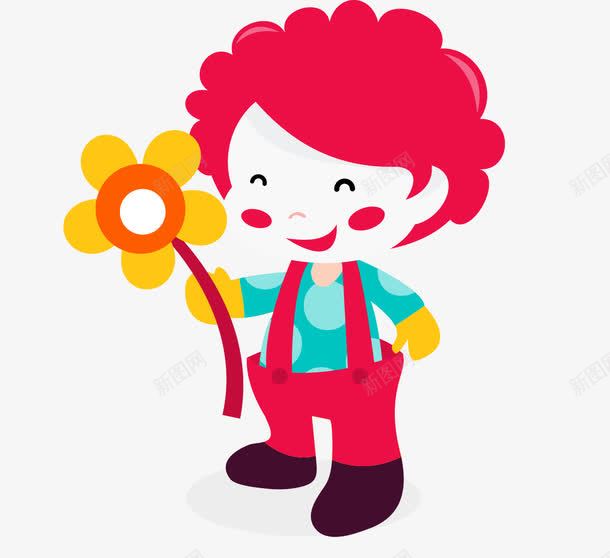 红头发男孩png免抠素材_新图网 https://ixintu.com 卡通 头发 男孩 红色 绿色 背带裤 花朵 黄色