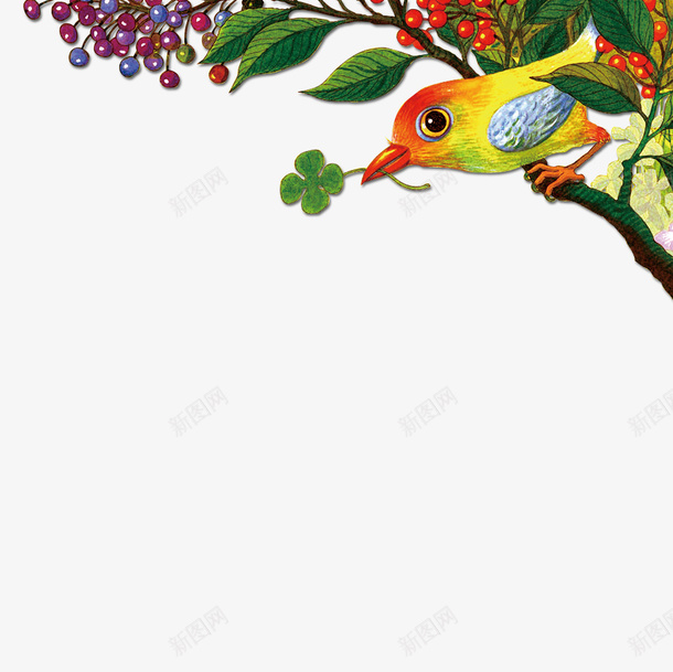 手绘鸟和植物psd免抠素材_新图网 https://ixintu.com 彩色 手绘 植物 鸟