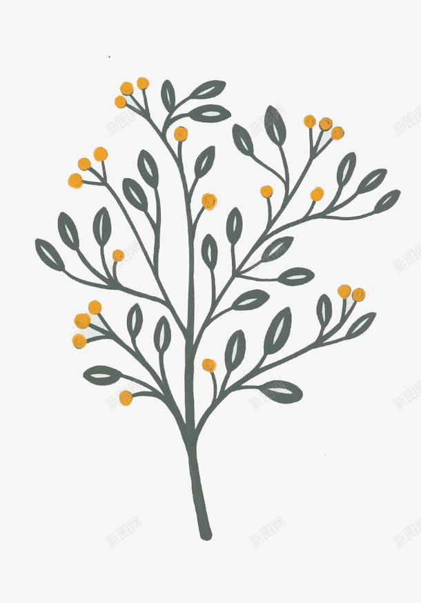 灰色树叶黄色花朵png免抠素材_新图网 https://ixintu.com 图案设计 清新 灰色树叶 黄花