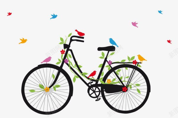 黑色自行车和彩色小鸟png免抠素材_新图网 https://ixintu.com 卡通小鸟 小鸟 自行车 黑色