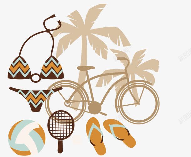 旅游png免抠素材_新图网 https://ixintu.com 拖鞋 旅游 椰子树 比基尼 网球拍 自行车