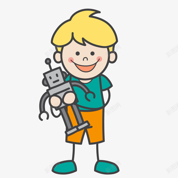 卡通拿着机器人小男孩png免抠素材_新图网 https://ixintu.com 儿童 卡通人物 小男孩 机器人 背景装饰