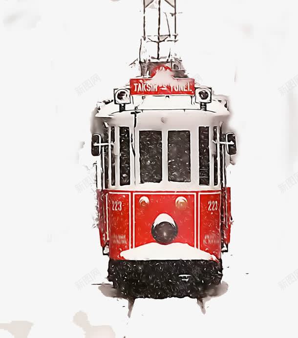 雪天电车png免抠素材_新图网 https://ixintu.com 插画 海报设计 电车 素材 红色 设计 车 雪天