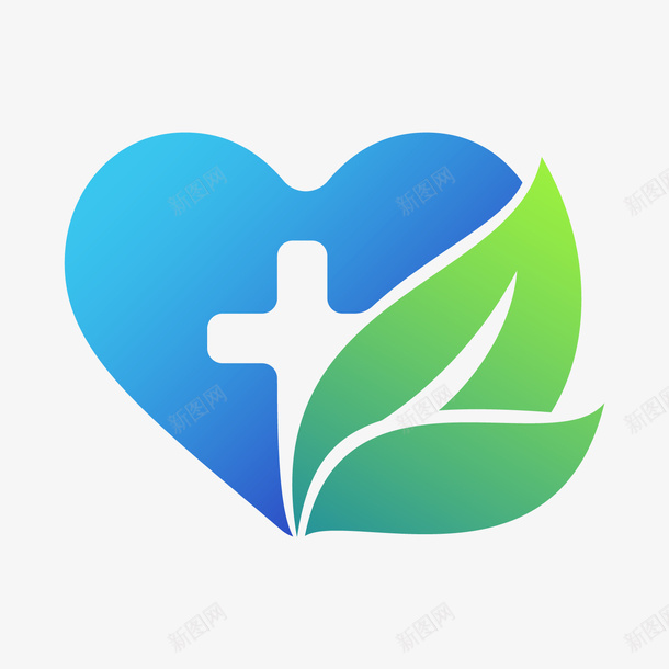 蓝色心形医疗标签png免抠素材_新图网 https://ixintu.com 医疗标签 十字架 植物 渐变蓝色 绿色叶子 蓝色心形