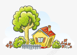 树木房子卡通绿色装饰图案矢量图素材