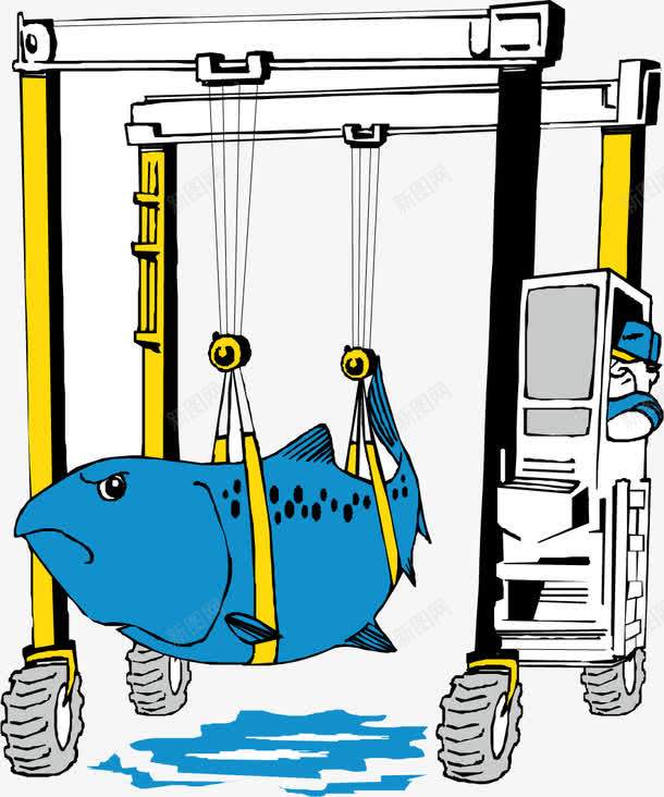 鲨鱼称重png免抠素材_新图网 https://ixintu.com 卡通 吊机 手绘 白色 称重 蓝色 鲨鱼 黄色