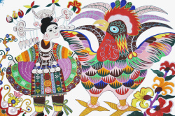 民间艺术画手绘大公鸡跳舞女孩高清图片