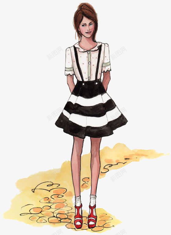 穿裙子的女孩png免抠素材_新图网 https://ixintu.com 卡通 女孩 手绘 插画 条纹 裙子