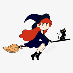 女巫女孩卡通可爱万圣节女巫扫帚黑猫矢量图高清图片