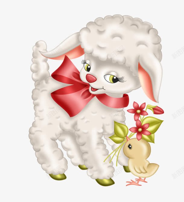 小羊和小鸡png免抠素材_新图网 https://ixintu.com 白色 羊羔 鲜花 黄色