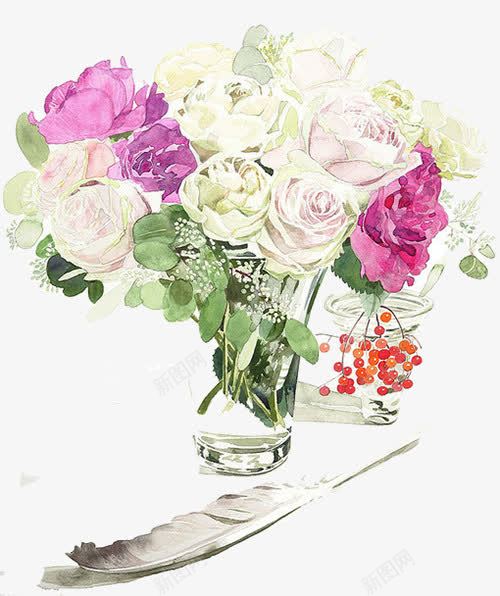 花瓶里的花png免抠素材_新图网 https://ixintu.com 手绘 粉色 红果子 花瓶