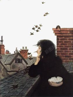 插画阳台上光看风景的黑衣女子素材