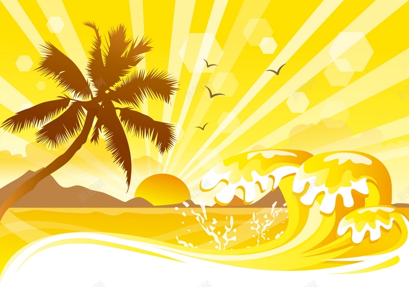 沙滩椰树矢量图ai设计背景_新图网 https://ixintu.com 椰树 沙滩 浪花 海浪 海滩 黄色 矢量图