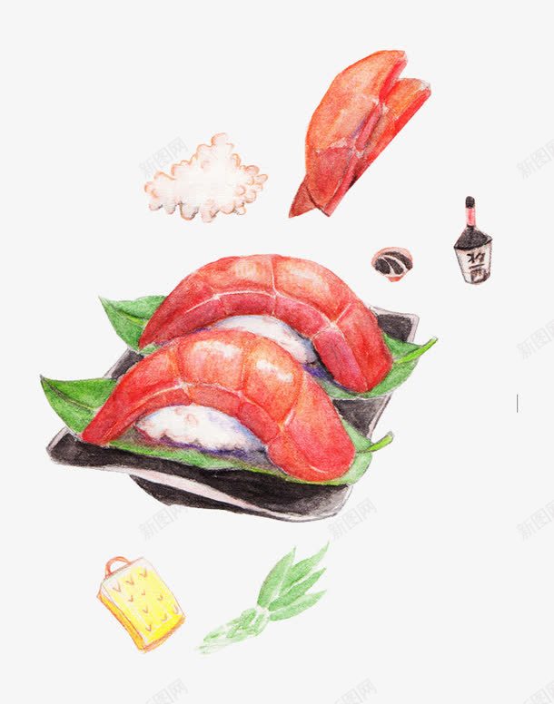 美食png免抠素材_新图网 https://ixintu.com 大虾 寿司 手绘食物 调味品 餐饮