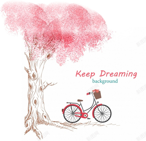 树下的自行车png免抠素材_新图网 https://ixintu.com 卡通 心形的树叶 手绘 树 自行车