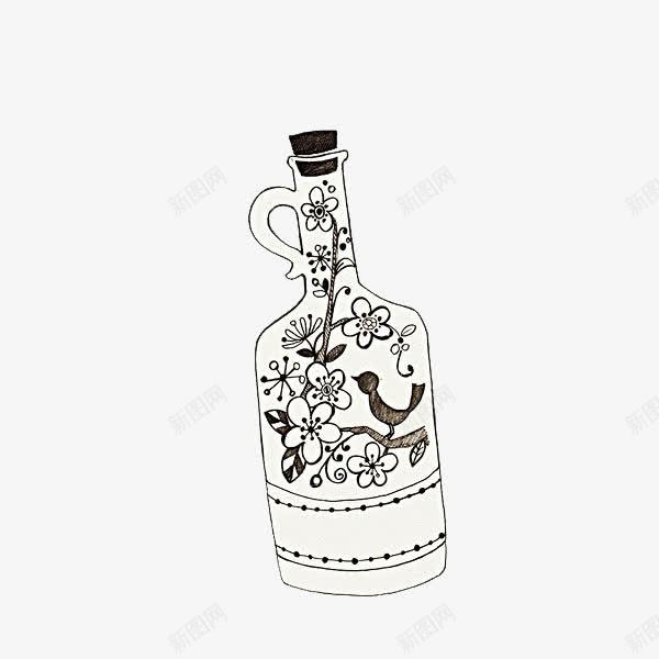 瓶子里的花png免抠素材_新图网 https://ixintu.com 卡通 手绘 瓶塞 瓶子 简笔 线条 花朵 黑色