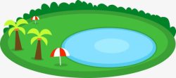 绿色手绘游泳池和草原素材