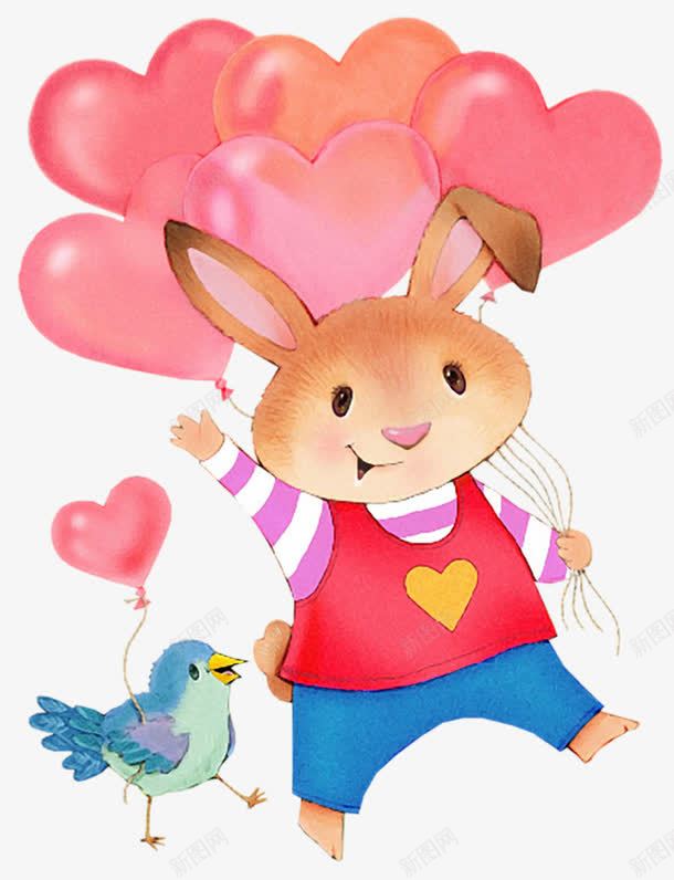 小兔卖气球png免抠素材_新图网 https://ixintu.com 卡通 小兔 小鸡 手绘 气球 爱心 粉色