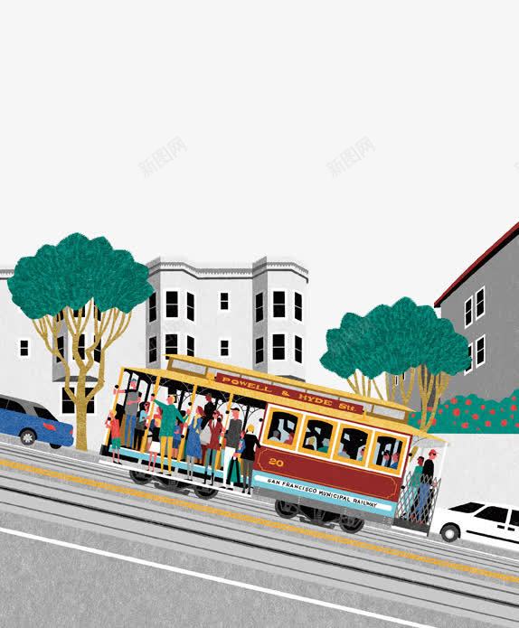卡通风景png免抠素材_新图网 https://ixintu.com 交通工具 城市 平扁化 挤公交 环境