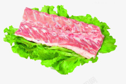 排列好的猪嵴骨肉生菜上的猪脊骨肉高清图片