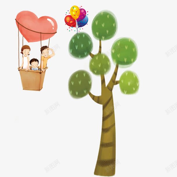 卡通png免抠素材_新图网 https://ixintu.com 一家三口 三口之家 卡通 小朋友 手绘 树木 气球 玩耍 粉色 绿色