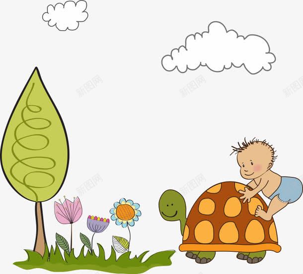 乌龟壳上的孩子png免抠素材_新图网 https://ixintu.com 乌龟壳 卡通小树 孩子 小孩 花卉 花朵
