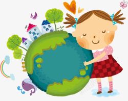 卡通小女孩拥抱地球素材