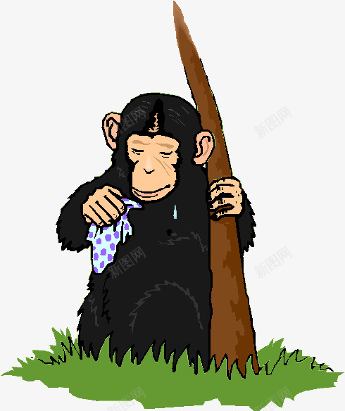 黑色猿猴png免抠素材_新图网 https://ixintu.com 卡通 小草 手帕 棕色 猿猴 绿色 蓝色 黑色