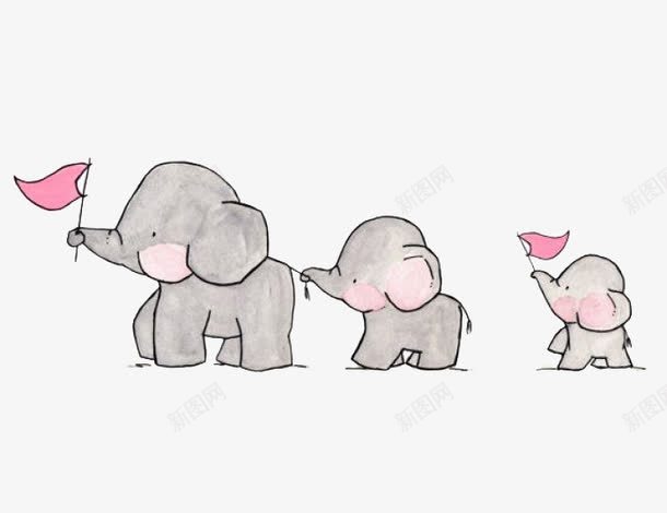 三只小象png免抠素材_新图网 https://ixintu.com 卡通 小象 手绘 旗子 粉色