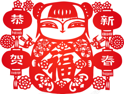 中式福娃剪纸春节背景矢量图背景