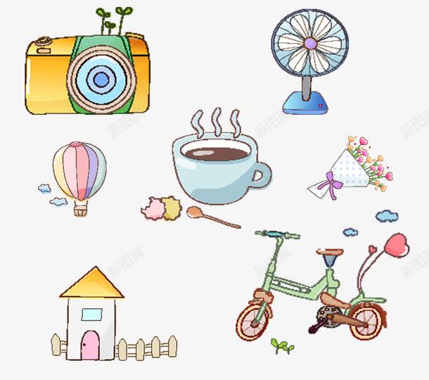 卡通手绘图png免抠素材_新图网 https://ixintu.com 卡通 手绘图 相机 自行车 茶杯 风扇